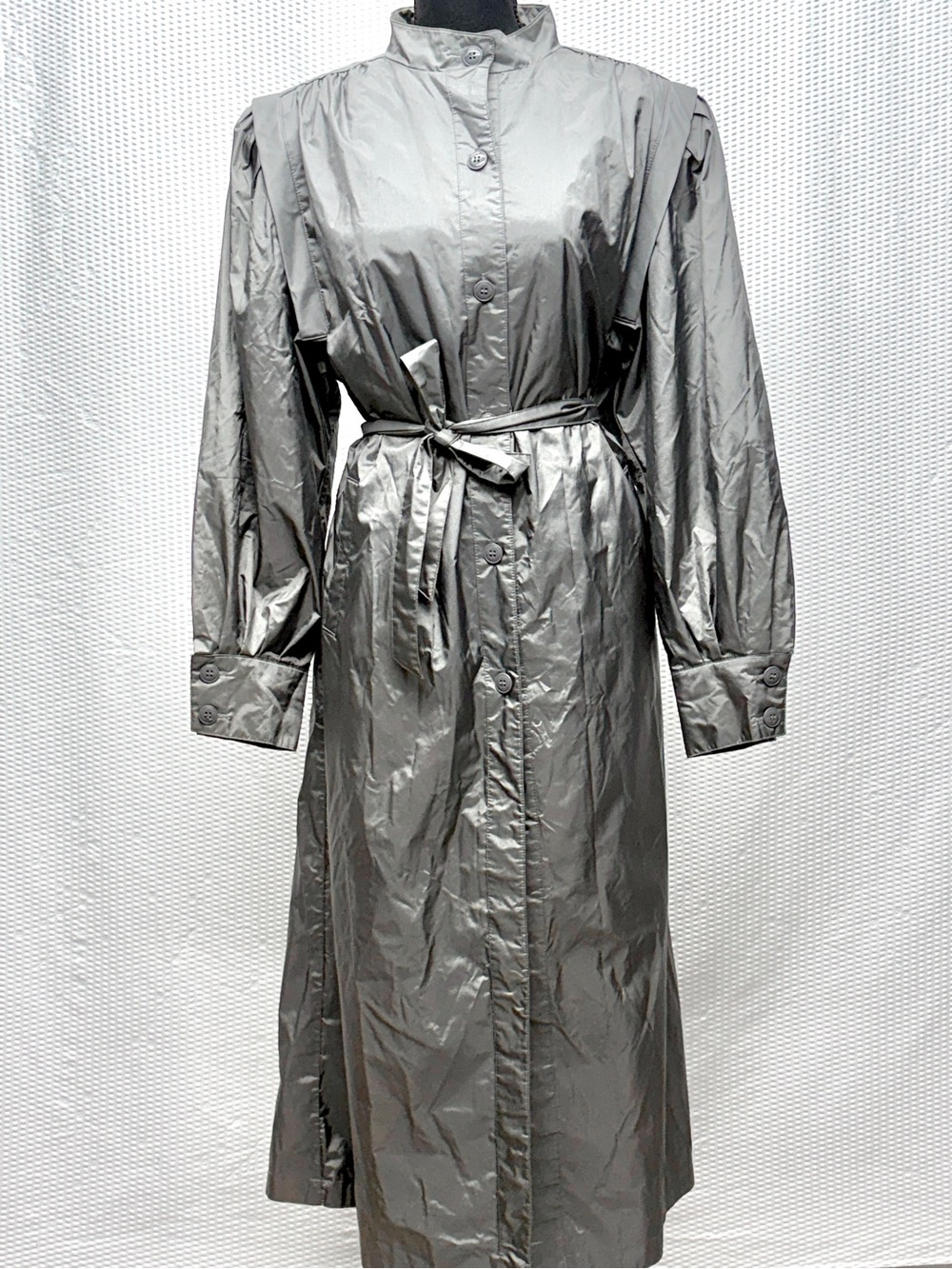 Vintage Paris Sport Club Metallic Trench Coat Womens 15 Gunmetal 80s Glam